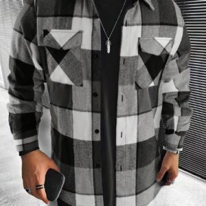 Homme Men Plaid Print Flap Pocket Shirt