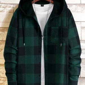 Hypemode Men Buffalo Plaid Patched Pocket Drawstring Hooded Shirt Without Tee