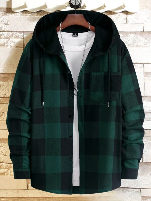 Hypemode Men Buffalo Plaid Patched Pocket Drawstring Hooded Shirt Without Tee