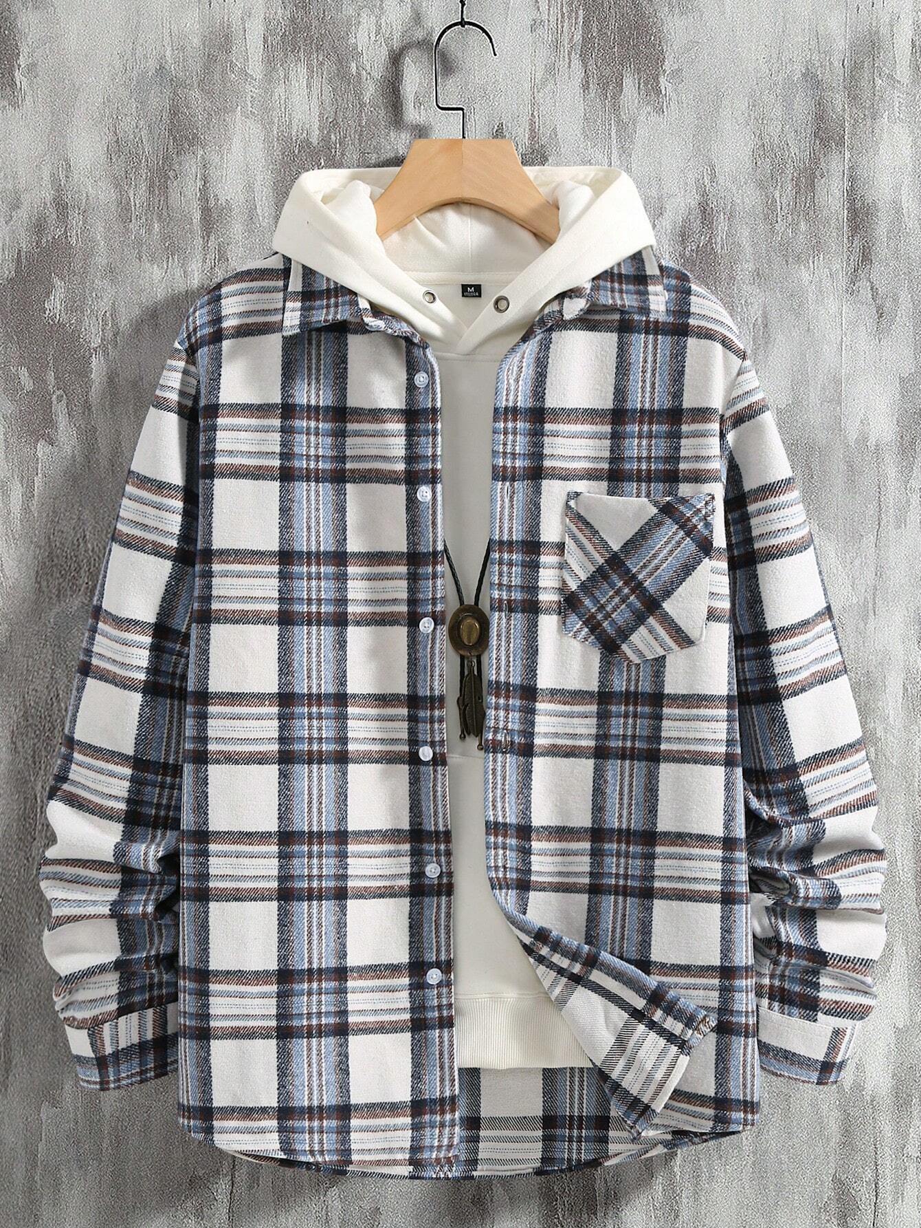 Hypemode Men Plaid Print Pocket Patched Shirt Without Hoodie